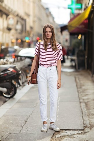 White and Red Horizontal Striped Crew-neck T-shirt Outfits For Women: 