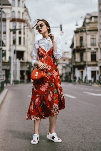 Women's Orange Leather Crossbody Bag, White Leather Low Top Sneakers, White Dress Shirt, Red Floral Cami Dress