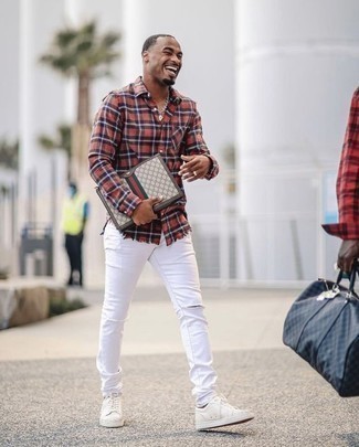 Men's Grey Canvas Zip Pouch, White Leather Low Top Sneakers, White Ripped Jeans, Red Plaid Long Sleeve Shirt