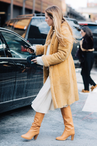 Tan Leather Knee High Boots Winter Outfits: 