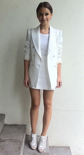 Miroslava Duma wearing White Leather Lace-up Ankle Boots, White Mini Skirt, White Crew-neck T-shirt, White Double Breasted Blazer