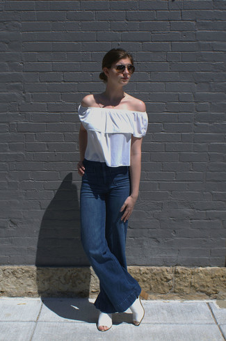 Women's Dark Brown Sunglasses, White Leather Mules, Navy Flare Jeans, White Ruffle Off Shoulder Top