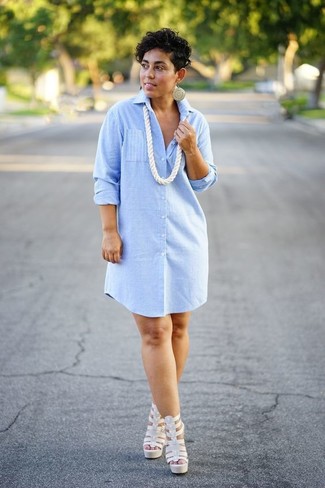 Women's Gold Earrings, White Necklace, White Leather Heeled Sandals, Light Blue Vertical Striped Shirtdress