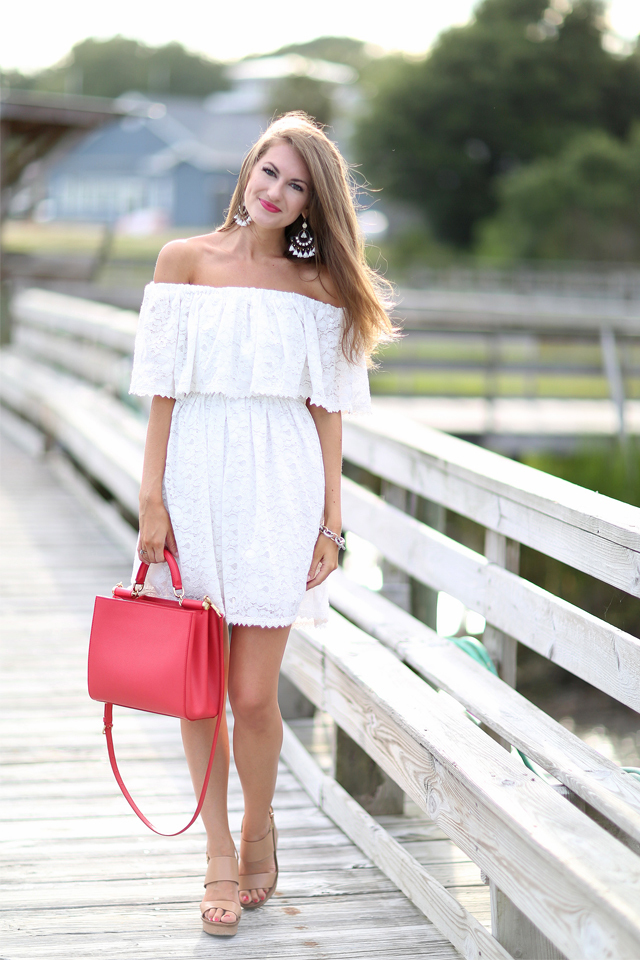 Red and white deals off the shoulder dress