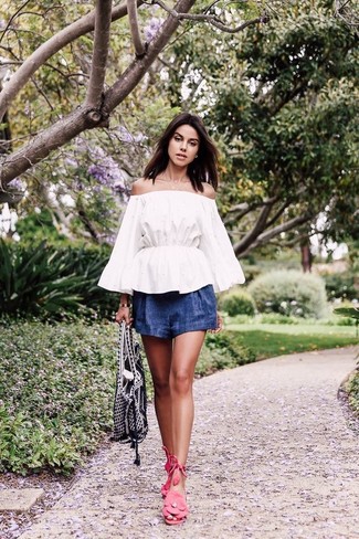 White Off Shoulder Top Outfits: If you don't take fashion too seriously, go for a casual look in a white off shoulder top and blue chambray shorts. Hot pink suede flat sandals will give a laid-back feel to an otherwise sober ensemble.