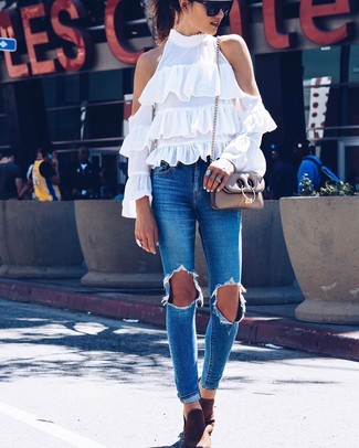 Women's White Ruffle Off Shoulder Top, Blue Ripped Skinny Jeans, Brown Leather Ankle Boots, Beige Leather Crossbody Bag