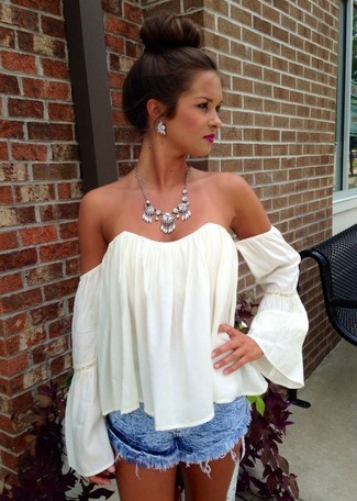 Women's White Pleated Off Shoulder Top, Light Blue Acid Denim Shorts, Clear Necklace, Clear Earrings