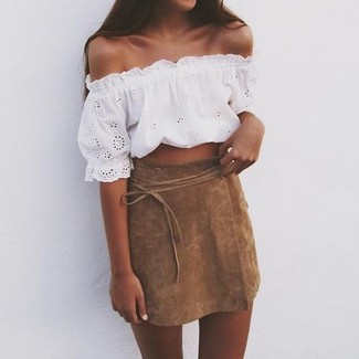 Nude Whipstitch Split Thigh Faux Suede Mini Skirt