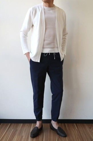 White Open Cardigan Outfits For Men: A white open cardigan and navy chinos will give off this casually stylish vibe. If you want to immediately up the style ante of this ensemble with a pair of shoes, introduce a pair of black leather loafers to the equation.