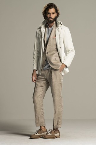White Parka Outfits For Men: This ensemble with a white parka and a tan suit isn't hard to score and easy to change according to circumstances. Complement your outfit with brown suede derby shoes to completely switch up the ensemble.