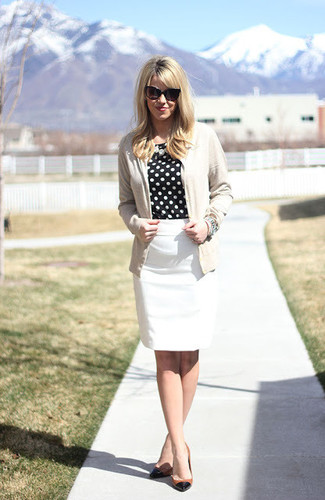 Women's Black and Tan Leather Pumps, White Pencil Skirt, Black and White Polka Dot Long Sleeve Blouse, Beige Cardigan