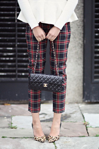 Black Plaid Skinny Pants Outfits: This combination of a white knit peplum top and black plaid skinny pants is proof that a safe casual getup doesn't have to be boring. Introduce tan leopard suede pumps to the equation for an added dose of style.