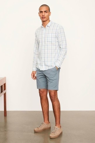Shorts Outfits For Men: This combination of a white plaid long sleeve shirt and shorts is indisputable proof that a safe casual look can still look truly dapper. A pair of tan suede low top sneakers is a wonderful option to complete this look.