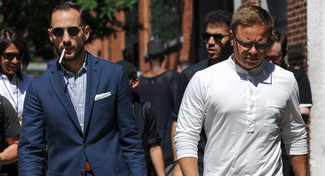 Men's Black Sunglasses, White Cotton Pocket Square, White and Blue Vertical Striped Long Sleeve Shirt, Navy Blazer