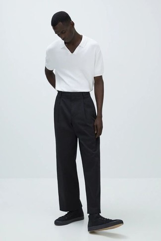 Black Chinos Outfits: This combination of a white polo and black chinos is hard proof that a safe casual getup doesn't have to be boring. If you want to effortlessly play down this look with one item, why not add a pair of black canvas high top sneakers to the equation?