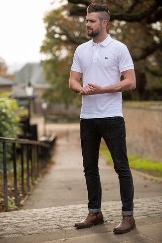 Men's White Polo, Black Jeans, Brown Leather Chelsea Boots