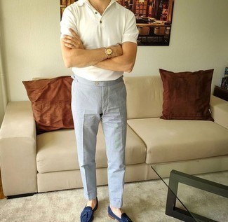 Blue Suede Tassel Loafers Outfits: A white polo and grey chinos are the kind of a never-failing casual getup that you so terribly need when you have no time. For an on-trend hi/low mix, add blue suede tassel loafers to the equation.