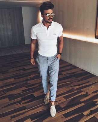 White Polo Outfits For Men: Consider wearing a white polo and grey check dress pants if you wish to look on-trend without much effort. Go off the beaten track and shake up your outfit by slipping into a pair of beige suede tassel loafers.