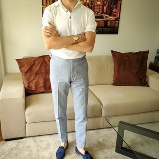 Navy Suede Tassel Loafers Outfits: If the setting calls for a casually sleek ensemble, choose a white polo and grey dress pants. Let your styling chops truly shine by finishing with a pair of navy suede tassel loafers.