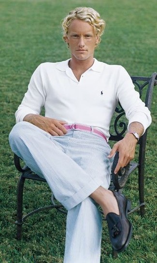 Pink Canvas Belt Outfits For Men: A white polo and a pink canvas belt are a nice look that will easily take you throughout the day and into the night. And if you need to easily perk up this ensemble with a pair of shoes, why not add black leather tassel loafers to the mix?