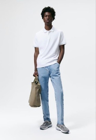 Tan Canvas Tote Bag Outfits For Men: To pull together a laid-back outfit with a city style finish, try pairing a white polo with a tan canvas tote bag. Feeling venturesome today? Jazz up this getup with a pair of grey athletic shoes.