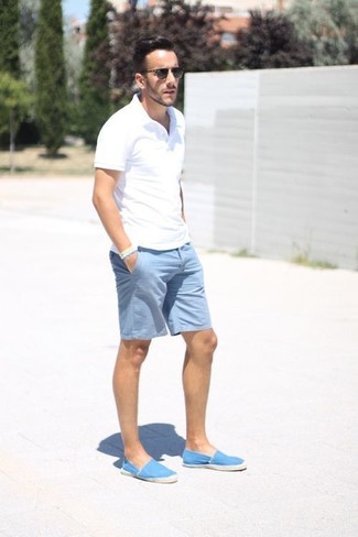 Light Blue Shorts Outfits For Men: A white polo and light blue shorts? It's easily a wearable ensemble that you can wear a variation of on a day-to-day basis. As for shoes, complement your outfit with a pair of aquamarine canvas espadrilles.