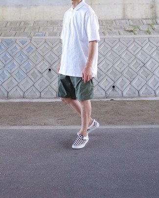 Men's White Polo, Olive Shorts, Black and White Check Canvas Slip-on Sneakers