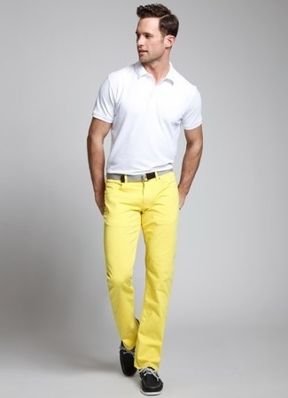 Men's White Polo, Yellow Chinos, Black Leather Boat Shoes, Grey Canvas Belt