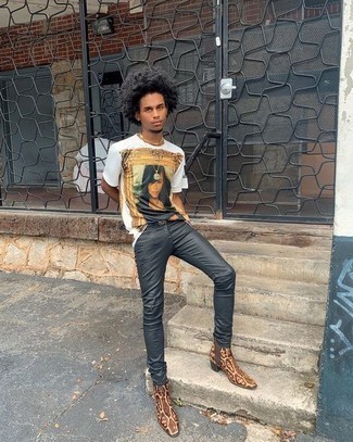 Men's White Print Crew-neck T-shirt, Black Leather Jeans, Brown Print Suede Chelsea Boots