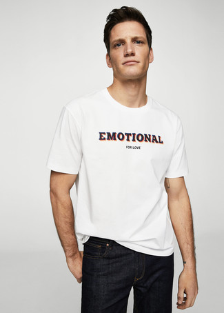 Men's White Print Crew-neck T-shirt, Navy Jeans
