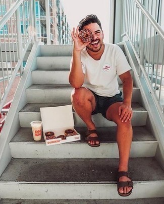 Dark Brown Leather Sandals Outfits For Men: A white print crew-neck t-shirt and teal shorts are a contemporary combo that every modern guy should have in his wardrobe. Dark brown leather sandals are a fail-safe way to give an element of stylish nonchalance to your outfit.