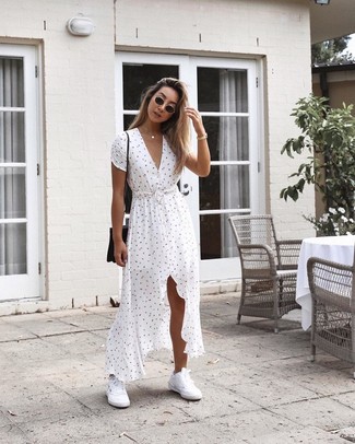 White and Black Print Maxi Dress Outfits: Infuse some fun into your day-to-day styling rotation with a white and black print maxi dress. The whole ensemble comes together when you complement this look with a pair of white low top sneakers.