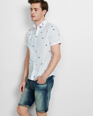 White and Black Print Short Sleeve Shirt Outfits For Men: This ensemble with a white and black print short sleeve shirt and navy denim shorts isn't hard to pull off and is easy to adapt.