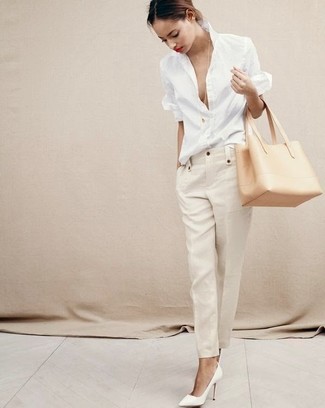 Women's Tan Leather Tote Bag, White Leather Pumps, Beige Linen Tapered Pants, White Linen Dress Shirt