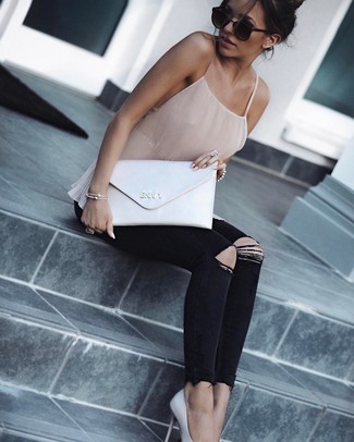 Women's White Leather Clutch, White Leather Pumps, Black Ripped Skinny Jeans, Beige Silk Tank
