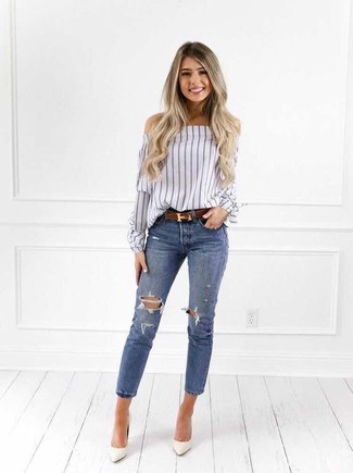 Women's Brown Leather Belt, White Leather Pumps, Blue Ripped Skinny Jeans, White Vertical Striped Off Shoulder Top
