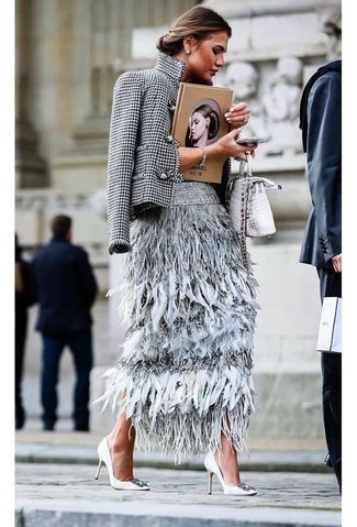 Women's Silver Snake Leather Crossbody Bag, White Embellished Leather Pumps, Grey Feather Midi Skirt, White and Black Houndstooth Blazer