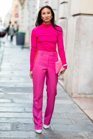 Women's Hot Pink Leather Clutch, White Leather Pumps, Hot Pink Dress Pants, Hot Pink Turtleneck