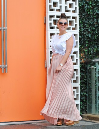 Women's White Ruffle Crew-neck T-shirt, Pink Pleated Maxi Skirt, Tan Leather Wedge Sandals