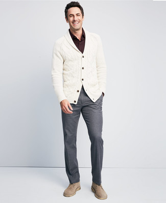Tobacco Long Sleeve Shirt Outfits For Men: Make a tobacco long sleeve shirt and grey dress pants your outfit choice - this look is guaranteed to make an entrance. Introduce a touch of stylish nonchalance to by wearing a pair of beige suede desert boots.