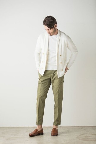 Men's White Shawl Cardigan, White Crew-neck T-shirt, Olive Cargo Pants, Brown Leather Loafers