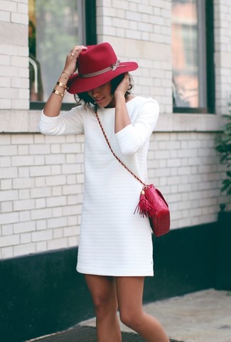 Women's White Textured Shift Dress, Red Quilted Leather Crossbody Bag, Red Wool Hat, Gold Bracelet