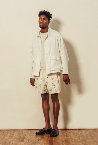 White Shirt Jacket Outfits For Men: Team a white shirt jacket with beige print shorts to confidently deal with whatever this day has in store for you. Give a more sophisticated twist to an otherwise mostly dressed-down outfit with dark brown leather tassel loafers.