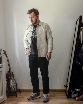 White Shirt Jacket Outfits For Men: This casual combination of a white shirt jacket and black jeans is perfect if you need to go about your day with confidence in your ensemble. Tone down this look by finishing off with a pair of charcoal athletic shoes.