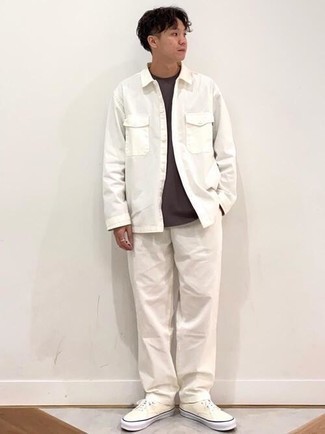 White Shirt Jacket Outfits For Men: For a look that's pared-down but can be dressed up or down in a myriad of different ways, pair a white shirt jacket with white chinos. Our favorite of a ton of ways to complete this look is white canvas low top sneakers.