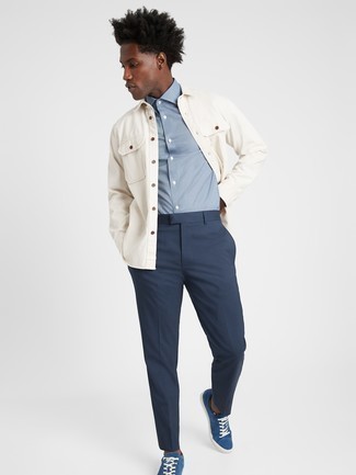 White Shirt Jacket Outfits For Men: You'll be amazed at how easy it is for any guy to put together this effortlessly neat ensemble. Just a white shirt jacket paired with navy chinos. Introduce a pair of navy suede low top sneakers to the equation to keep the outfit fresh.