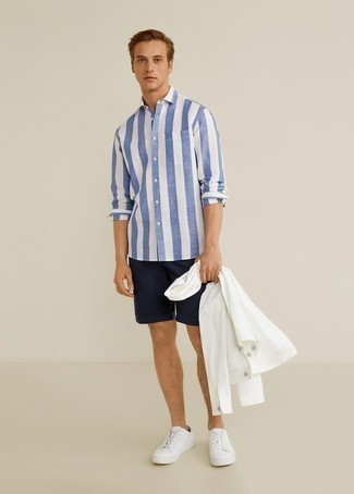 Men's White Shirt Jacket, White and Blue Vertical Striped Long Sleeve Shirt, Navy Shorts, White Leather Low Top Sneakers