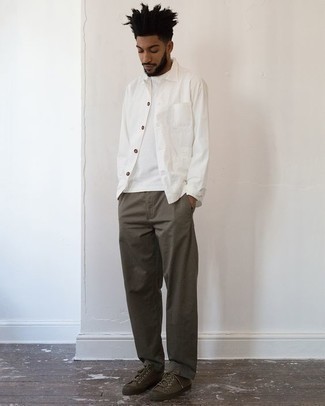 White Shirt Jacket Outfits For Men: If the situation calls for a classy yet kick-ass ensemble, wear a white shirt jacket and charcoal chinos. For a more laid-back vibe, why not introduce a pair of olive canvas low top sneakers to the equation?