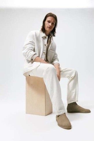 White Shirt Jacket Outfits For Men: This is indisputable proof that a white shirt jacket and white jeans look awesome when worn together in an off-duty outfit. Introduce tan suede chelsea boots to the equation to avoid looking too casual.