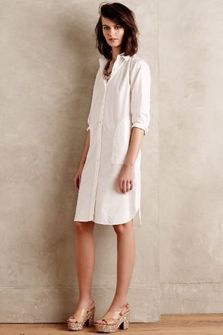 Women's White Shirtdress, Beige Leather Heeled Sandals, Brown Necklace